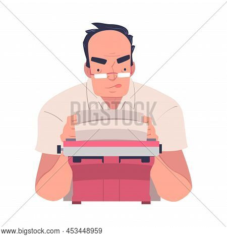Man Writer Character In Glasses At Typewriter Writing Book Engaged In Creative Literary Work Vector 