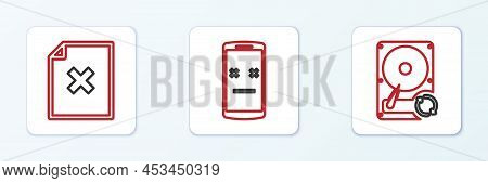 Set Line Hard Disk Drive Hdd Sync Refresh, Delete File Document And Dead Mobile Icon. Vector