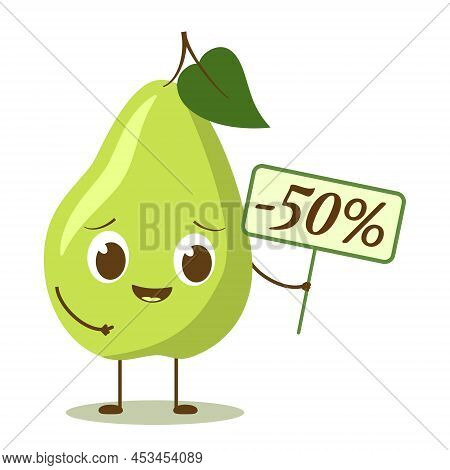 Character Green Pear With Face Holding Discount Ballic. Cheerful Pear With Eyes Offering A Discount.