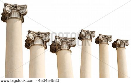 Collection Of Six Architectural Columns With Ionic Capitals Isolated On White Background. Treviso Ca
