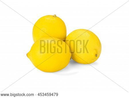 Composition With Three Lemonsisolated On White Background. High-quality Photo Ripe Lemons On A White