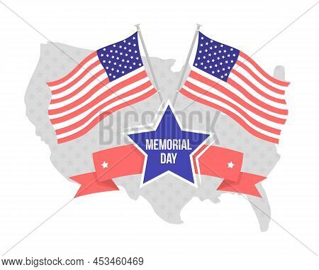 Memorial Day 2d Vector Isolated Illustration. Map Of Usa And Flags Flat Objects On Cartoon Backgroun