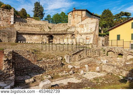 Old Ruins Of The Roman Theatre Or Amphitheater In Brescia Downtown Near The Capitolium Roman Temple 