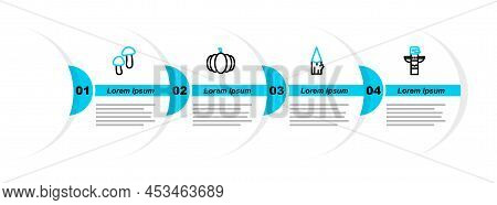 Set Line Canadian Totem Pole, Wooden Log, Pumpkin And Mushroom Icon. Vector