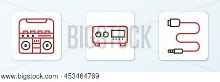 Set Line Audio Jack, Home Stereo With Speakers And Guitar Amplifier Icon. Vector