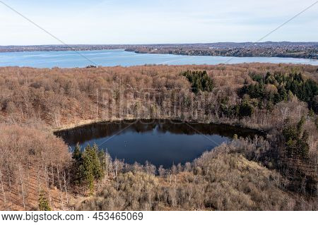 Bagsvaerd, Denmark - April 20, 2022: Aerial Drone View Of Store Hulsoe Lake With Furesoe Lake In The