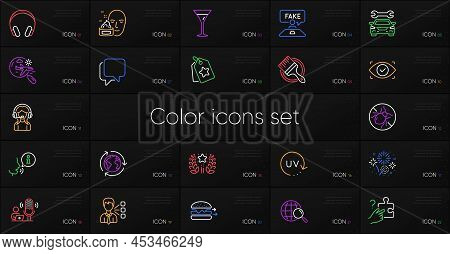 Set Of Headphones, Ranking And Loyalty Tags Line Icons. Include Talk Bubble, Fireworks, Car Icons. S