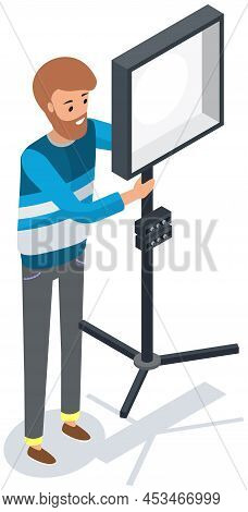 Lighting Specialist Installs Softbox To Diffuse Light. Technician Works With Softbox, Spotlight On S