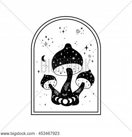Celestial Mushroom Print. Mystical Boho Mushrooms Isolated Graphic Element Psychedelic Magic Line Ce