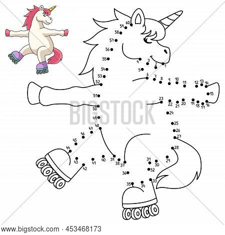A Cute And Funny Connect The Dots Coloring Page Of A Unicorn Roller Skating. Provides Hours Of Color