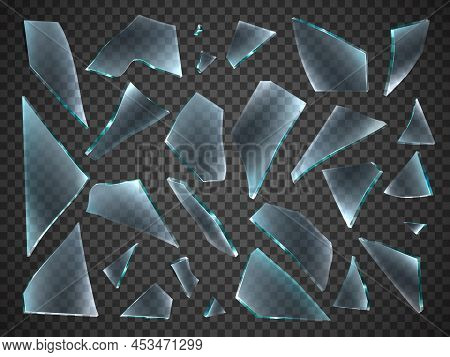 Broken Glass Shards. Realistic Different Random Shapes Pieces. 3d Sharp Chipped Fragments. Transpare