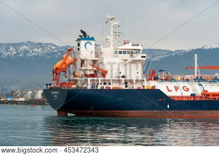Batumi, Georgia - April 10 2022: Tanker, Ship Kuzguncuk In The Port Of Batumi On The Background Of T