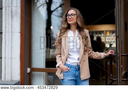 Business Woman Come Out Store Door Outside Caucasian Female Business Person Standing Near Shop Doorw