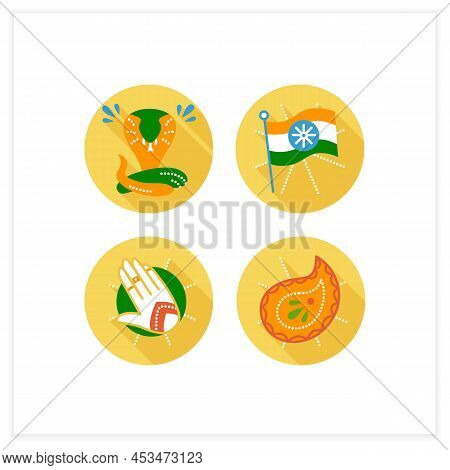 Indian Culture Flat Icons Set. National Flag, King Kobra, Mehndi And Paisley Pattern. Country Concep