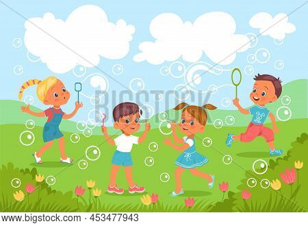Kids Blow Bubbles. Happy Carefree Childhood. Boys And Girls Blowing Soap Spheres On Green Grass. Fly