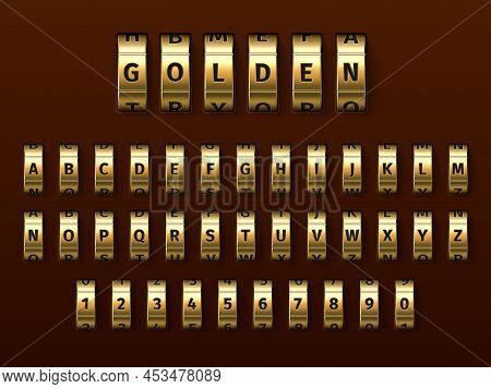 Realistic Golden Locks Combination Font. Yellow Metal Alphabet. Rotating Wheels With Numbers And Let
