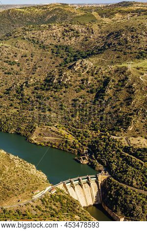 Mountain Landscape And Douro River With Spanish Saucelle Dam. Border Between Portugal And Spain. Nat
