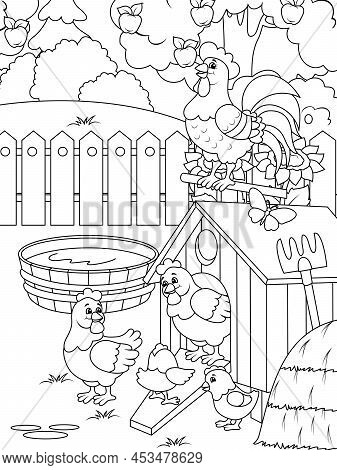 Agriculture, Yard. Bird Farm. Chickens In The Yard. Children Coloring Book.