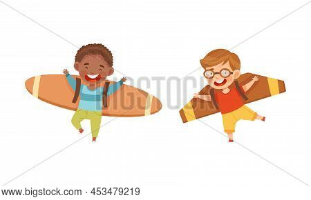 Cute Happy Kids Playing With Cardboard Toy Plane Wings Cartoon Vector Illustration
