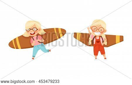Happy Girls Playing With Cardboard Toy Plane Wings Cartoon Vector Illustration