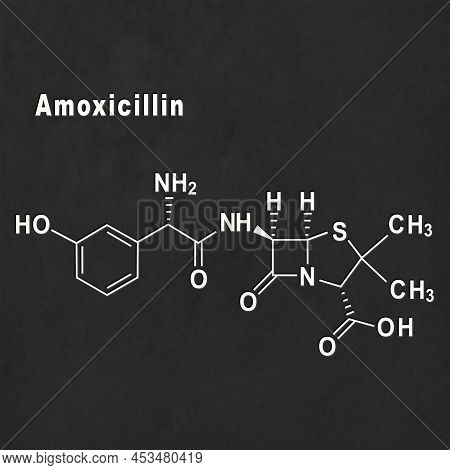 Amoxicillin, Antibiotic Drug, Structural Chemical Formula White On Black Background