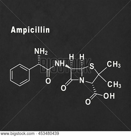 Ampicillin, Antibiotic Drug, Structural Chemical Formula White On Black Background