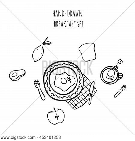 Vector Illustration With Scrambled Eggs On A Plate And Other Breakfast Items. Isolated Clipart For A