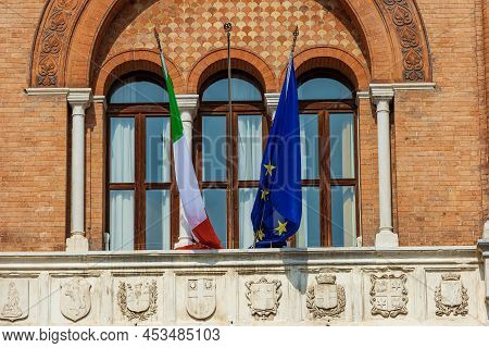 Treviso Downtown. Closeup Of The Medieval Palace Called, Palazzo Dei Trecento Or Palazzo Della Ragio