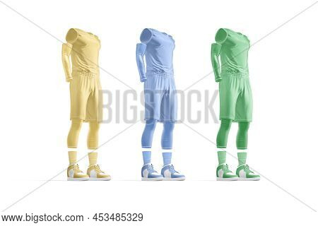 Blank Colored Basketball Uniform Mockup, Side View, 3d Rendering. Empty Yellow, Blue And Green Sport