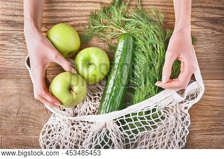Zero Waste, Plastic-free And Eco-friendly Lifestyle And Shopping. Cotton Mesh Bag With Organic Veget