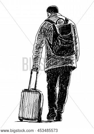 Hand Drawing Of Casual Man With Suitcase Going On Vacation