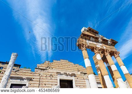 Ancient Ruins Of The Capitolium Roman Temple (tempio Capitolino) In Brescia Downtown, 73 Ac, Unesco 