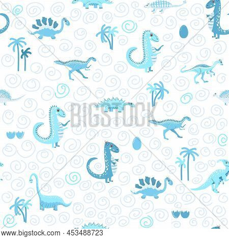 Cute Dinosaurs Seamless Pattern. Solid Pattern, Shades Of Blue. Funny Cartoon Dinosaur