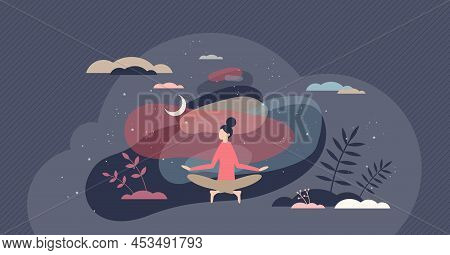 Meditation Practice And Yoga Relaxation For Body Harmony Tiny Person Concept. Calm Posture With Phys