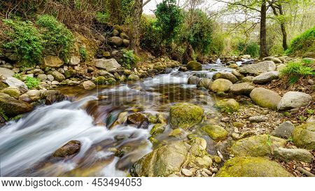 Panoramic, Stream Of Water Coming Down From The Mountain In The Pretty Village Of Hervas, Caceres.