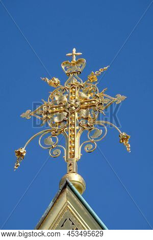 Golden Cross Against Blue Sky On Russian Chapel At Mathildenhoehe, Darmstadt