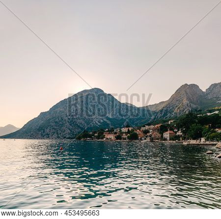 Sunset, Beautiful Landscape With Silhouettes Of Trees. Travel Concept. Montenegro, Kotor Bay. Sunset