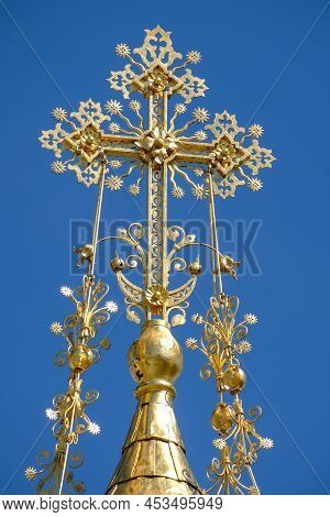Golden Cross Against Blue Sky On Russian Chapel At Mathildenhoehe, Darmstadt