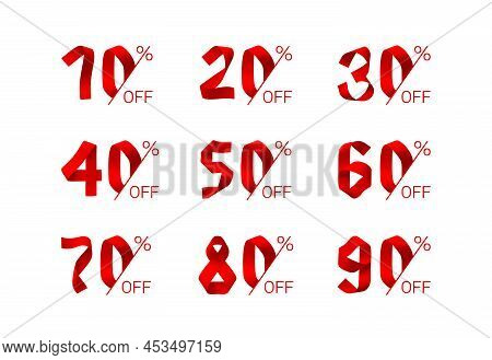 Vector Set Of Realistic Sale Icons. 10,20,30,40,50,60,70,80,90 Percent Off Discount Symbols Collecti