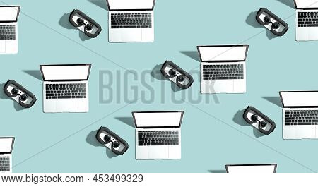 Tech Gear Theme With Vr Headset And A Laptop Computer