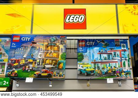 Lego Construction Kits For Sale In Supermarket. Lego Is A Line Of Plastic Construction Toys That Are