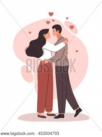 Woman And Man Kiss. Young Couple On Romantic Date, Valentines Day, Holiday. Happy Family Smiles, Lov