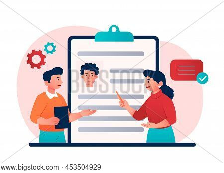Human Recources Concept. Man And Woman Discussing Candidate For Vacancy. Employees Of Hr Department 