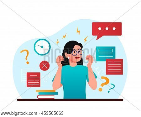 Stressed Woman At Work. Young Girl Trying To Meet Deadline, Time Management. Panic And Stress, Burno