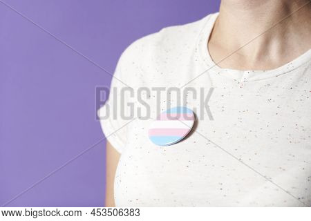 Unrecognizable Person With A Trans Flag Badge Or Pin. Concepts Of Identity Pride, Gender Diversity, 
