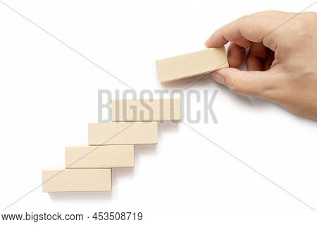 Ladder Career Path For Business Growth Success Process Concept. Hand Arranging Wood Block Stacking A