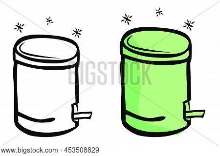 Vector Set Outline Hand Draw Sketch Of Sparkling Closed Clean And Tidy Trash Bin, At White.