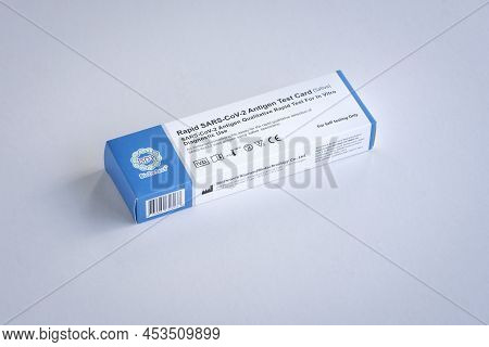 Kuala Lumpur, Malaysia - Mar 30, 2022: A Box Of Sars-cov-2 Antigen Qualitative Rapid Test Kit By Bio
