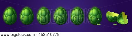 Process Of Dragon Egg Break. Vector Cartoon Set Of Steps Of Magic Animal Or Alien Monster Born. Anim