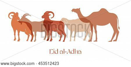 Eid Al Adha Festival. Greeting Card With Sacrificial Sheep And Crescent On Cloudy Night Background. 